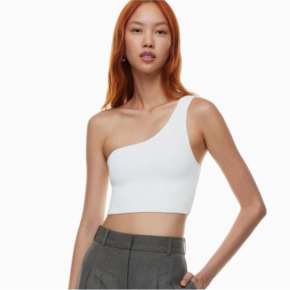 Babaton White Ribbed One-Shoulder Crop Tank Top